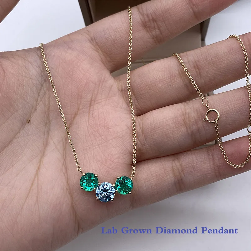 1Ct Blue Round Cut IGI & 1.4Ctw Emerald Diamond Lab Grown Diamond CVD & HPHT 14K 10K Gold Pendant Necklace 18 Inch