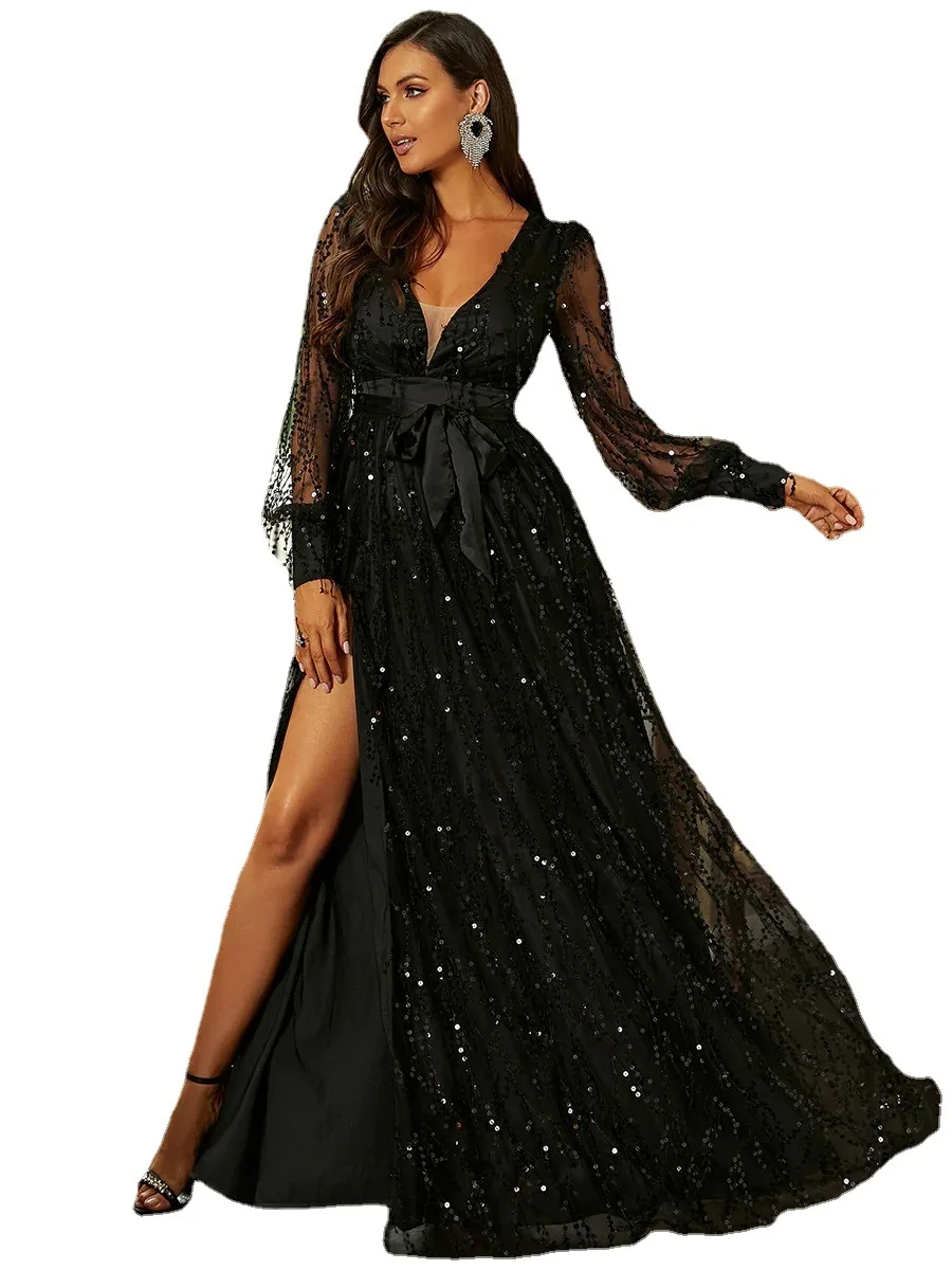 Elegant Banquet Elegance Ladies Autumn New Black Silk Mesh Sequin Display Banquet Event Evening Dress Long Dress Women\'s Dress