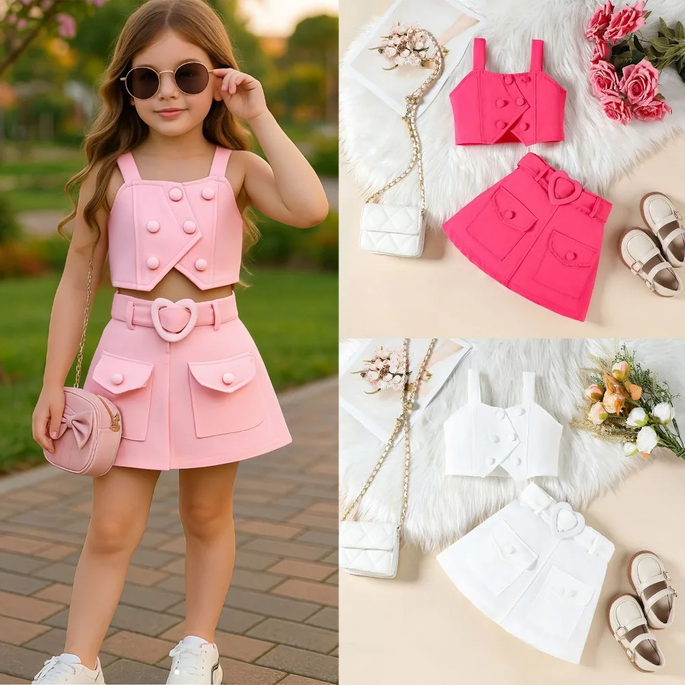 Summer Girls 3-Piece Outfit European American Style Solid Cami Top + Patch Pocket A-line Skirt Belt Kids Clothing for 90-130cm