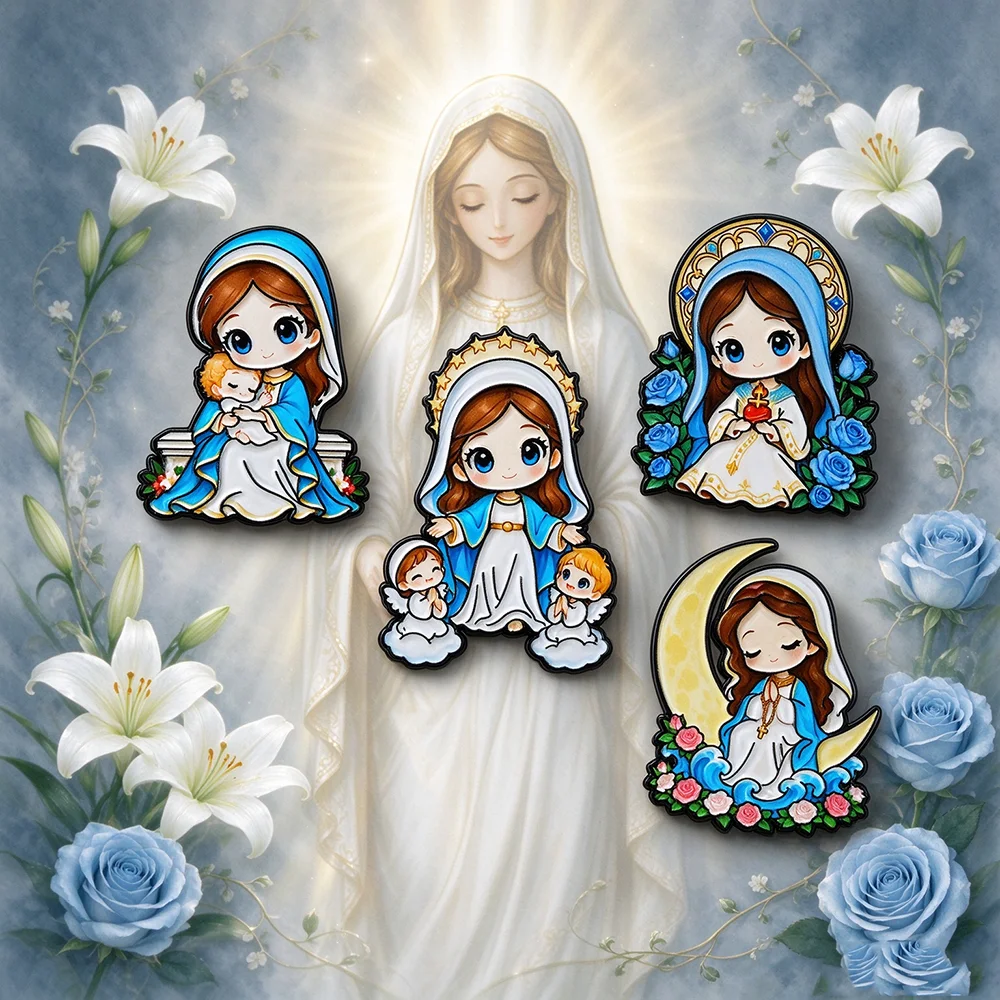 4Pcs Cute Chibi Virgin Mary Enamel Pin Set Cartoon Catholic Religious Holy Mother & Baby Figure Badge Lapel Pins