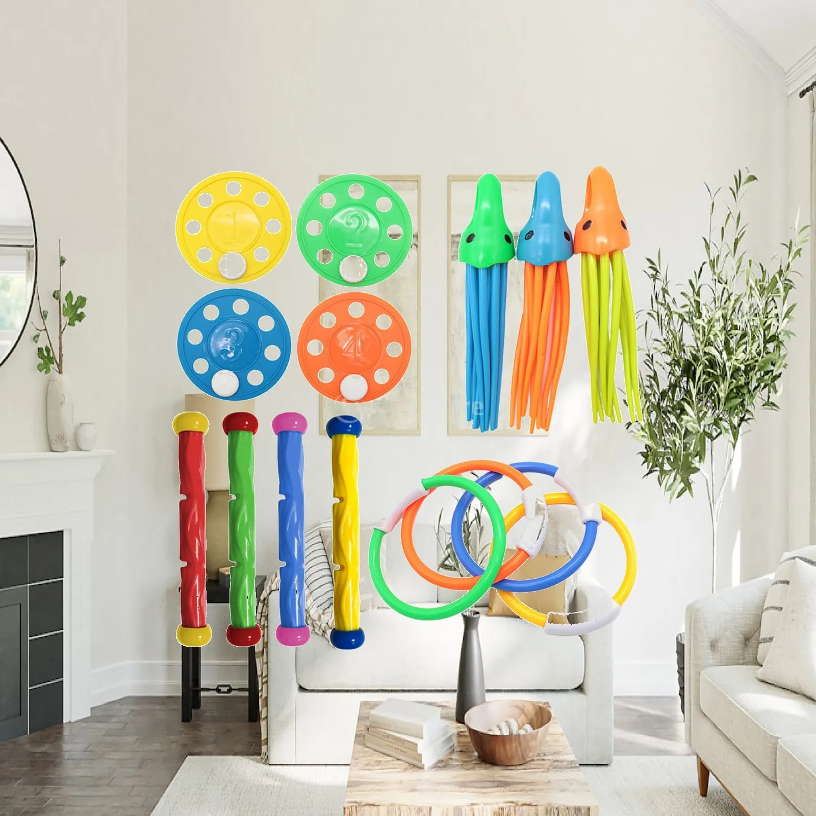 Diving Toys for Children Pool Games Underwater Treasure Hunt Swimming Practice Kit with Rings Sticks Octopus for Boys Girls