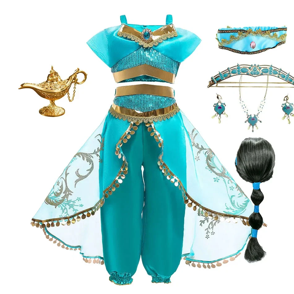 

Children Aladdin Lamp Dress Kids Jasmine Costume Girls Birthday Princess Cosplay Shoulderless Outfit Carnival Clothes 3-10T