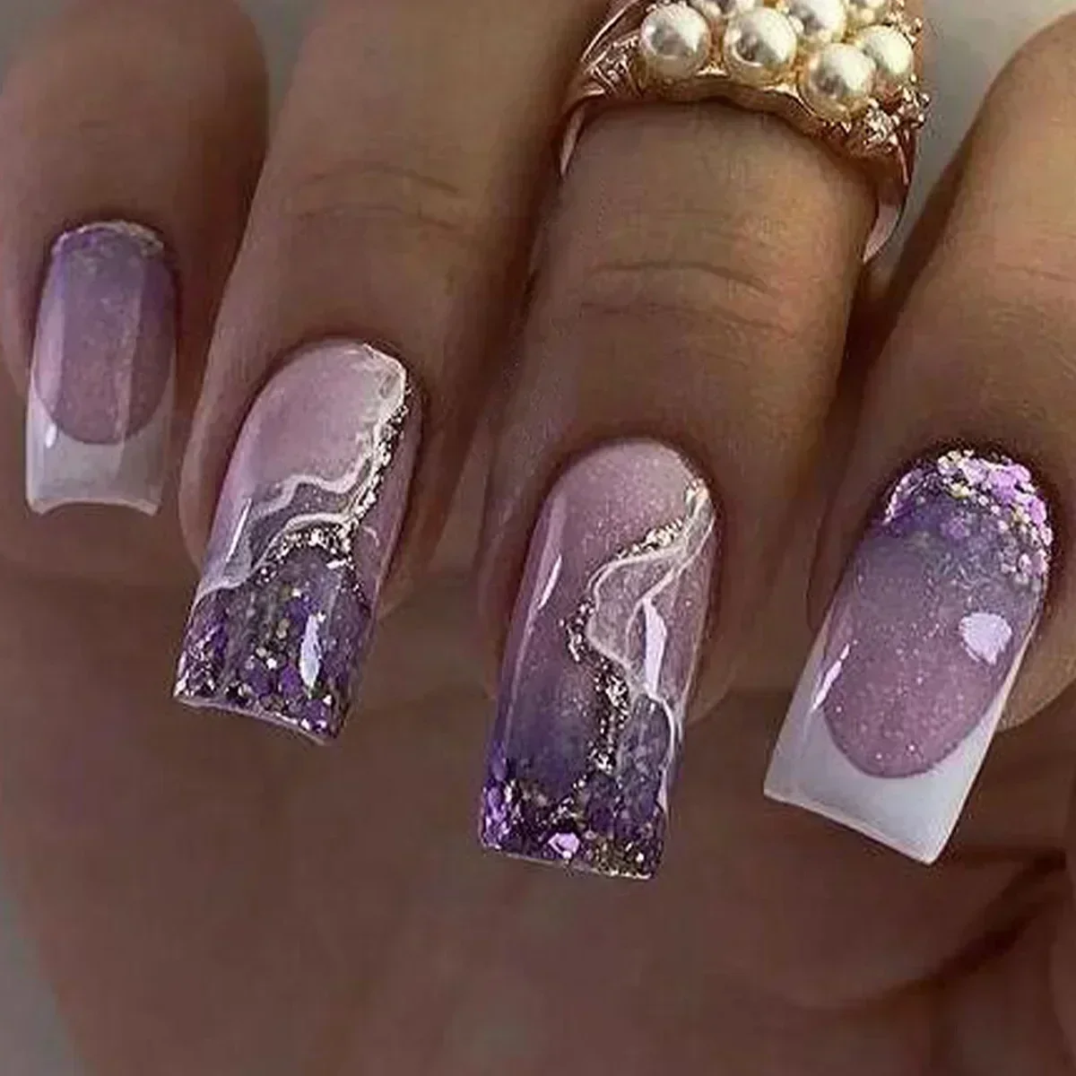 

24Pc Short Square Press on Nails Blue Gold French Fake Nails with Glue Wearable Sumdge Glitter False Nails Full Cover Nail Tips