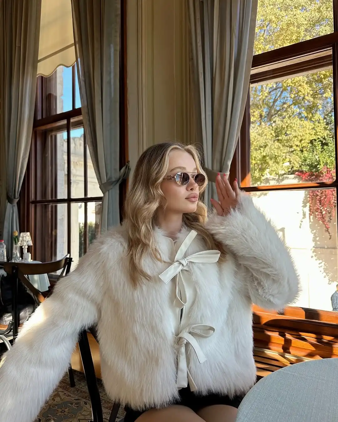 Feminino elegante arco rendas até casaco de pele do falso casual manga cheia em torno do pescoço solto curto outerwears senhora inverno jaqueta de deslocamento diário