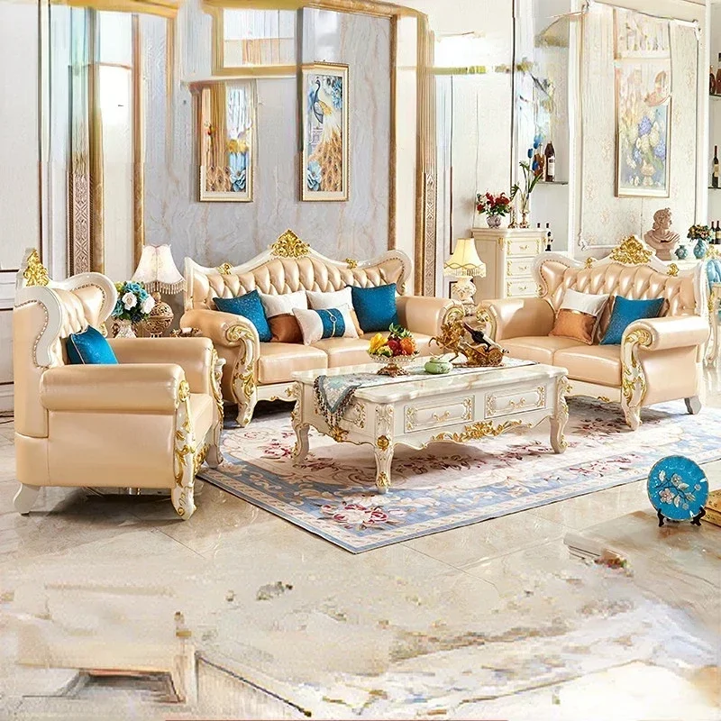 For Customized European Leather Sofa High-end Living  First Layer Cowhide Luxury Solid Wood Carved Villa Blue 123 Seats