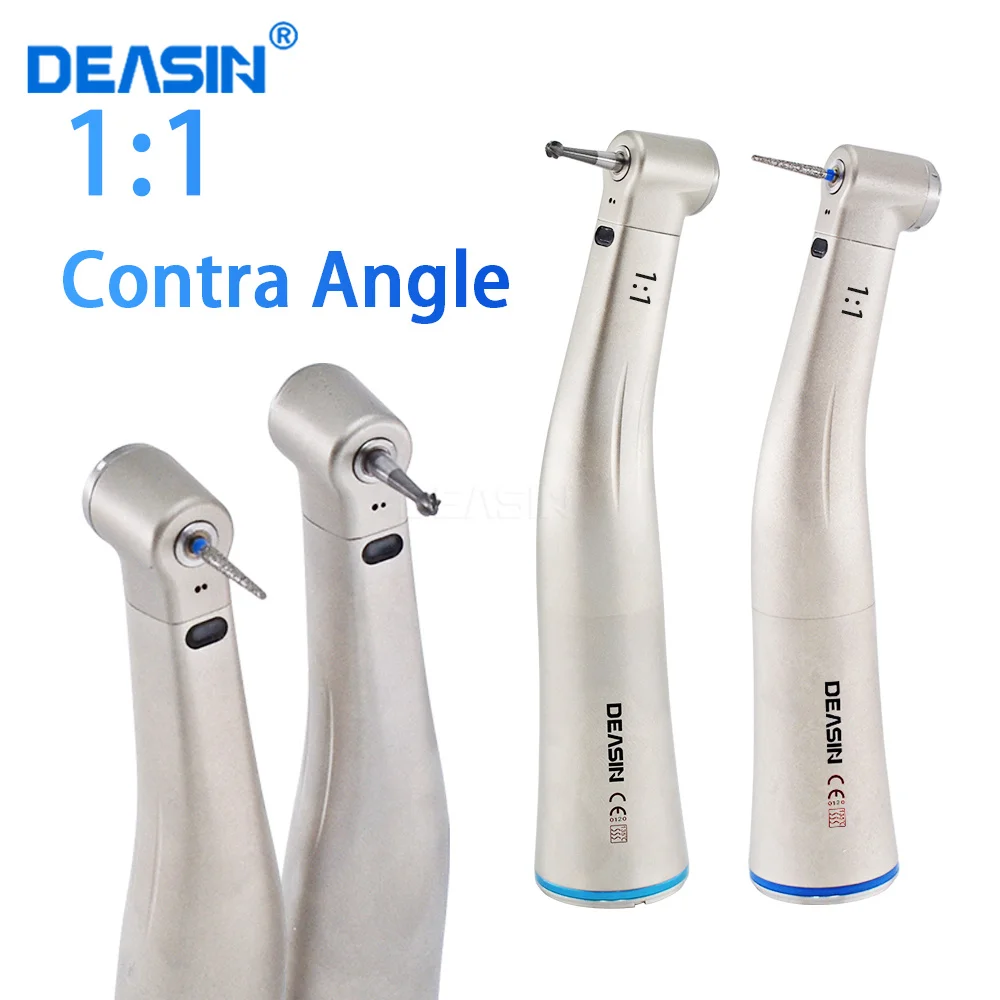 Dental Contra Angle 1:1 Blue Ring Fiber Optic LED Push Button Handpiece Low Speed X25L High Speed Drills Fit Electric Micromotor