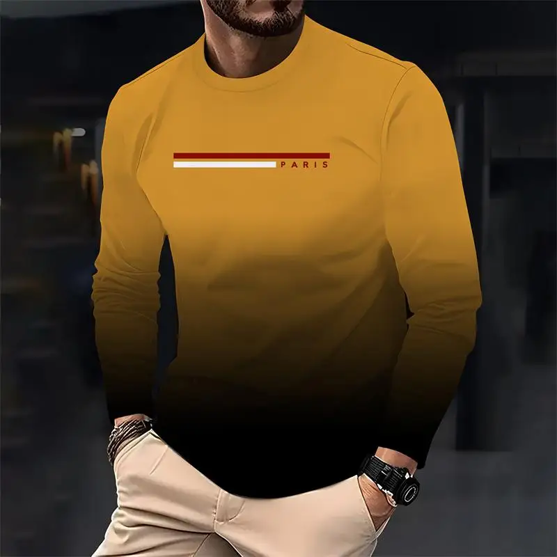 باريس الأصلي الرجال فضفاضة طويلة الأكمام تي شيرت مطبوع موضة crewneck تي شيرت غير رسمي الراحة اليومية الرجال الربيع والخريف