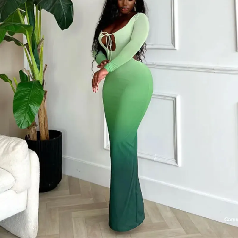 

Fashion Contrast Color Dress For Woman Sexy Hollow Backless Deep V Neck Long Sleeve Dresses 2024 New Lady Party Long Skirt