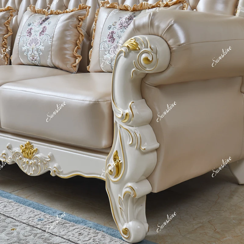 Leather sofa living room high-end all-solid wood double-sided engraved 123 concubine combination
