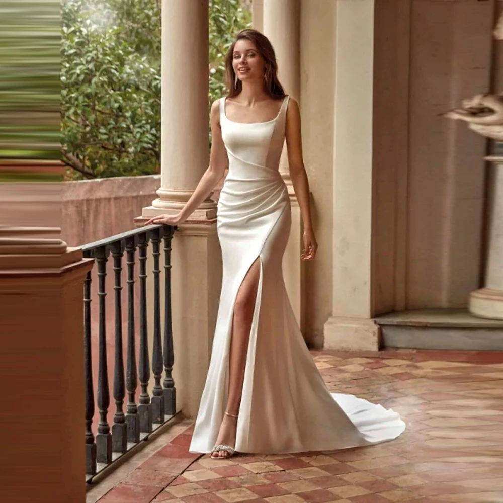 

Elegant Sleeveless Mermaid Women Wedding Dresses Elegant Square-Neck Satin Backless Bride Gowns Ball Vestido De Novia Customized