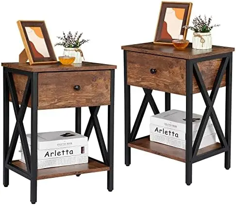 

Nightstand , Industrial End Tables with Drawer and , Bedside Night Stands Room, Bedroom, Halway, Sofa Couch, Rustic Brown