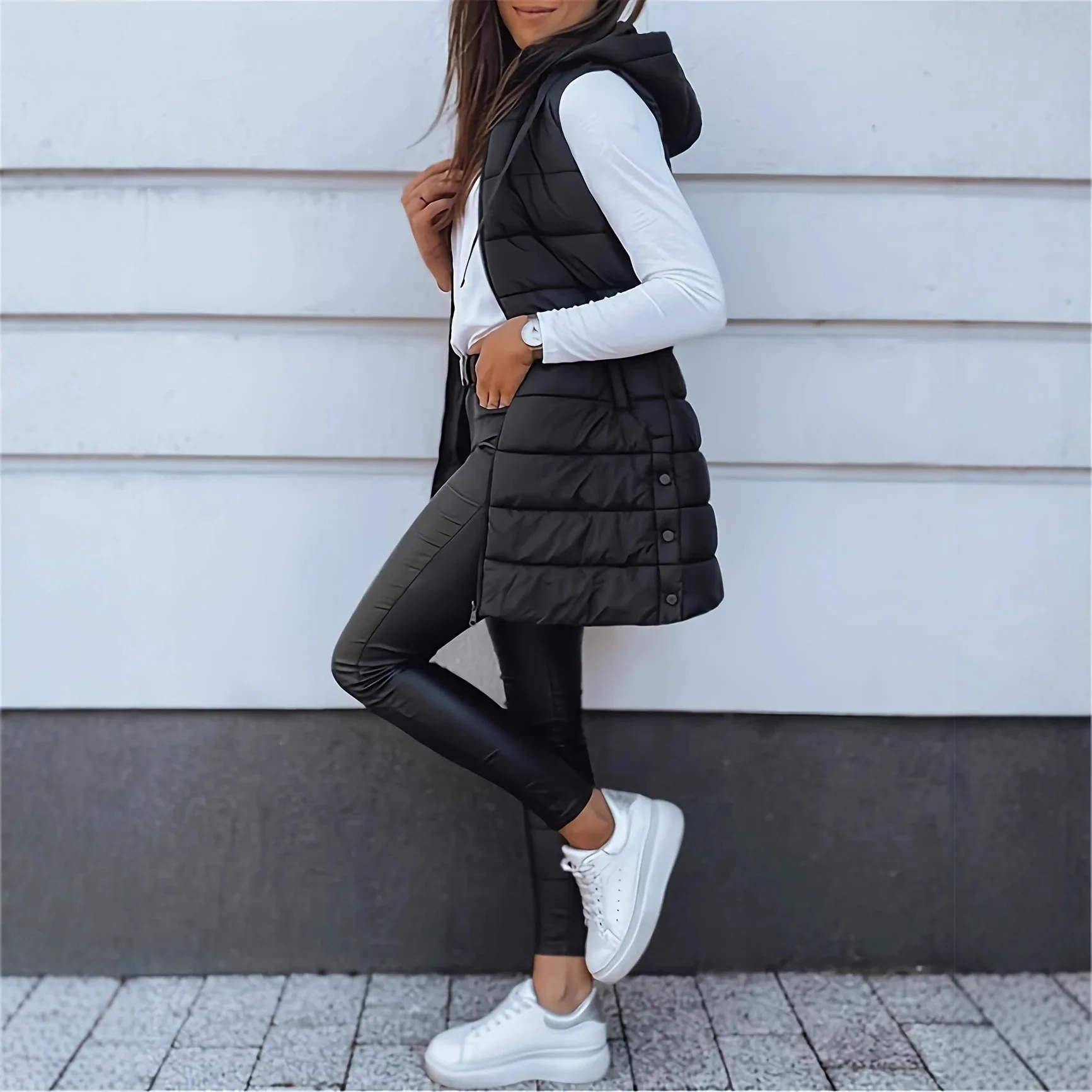 Gilet mi-long à capuche pour femmes, coupe cintrée, couleur Pure, transfrontalier, nouveaux vêtements d'extérieur en coton tricoté pour dames