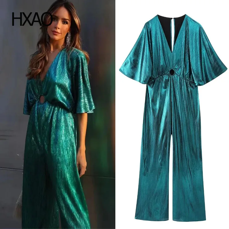 

Женский комбинезон HXAO с широкими металлическими штанинами, летний плиссированный комбинезон, Женский шикарный и элегантный комбинезон с жидкими штанинами для девочек