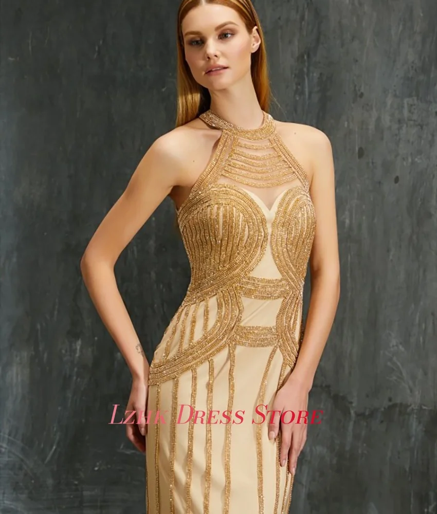 Abito da sera con perline con paillettes a sirena in organza sexy personalizzato Abiti da celebrità senza maniche con lunghezza al pavimento di alta qualità