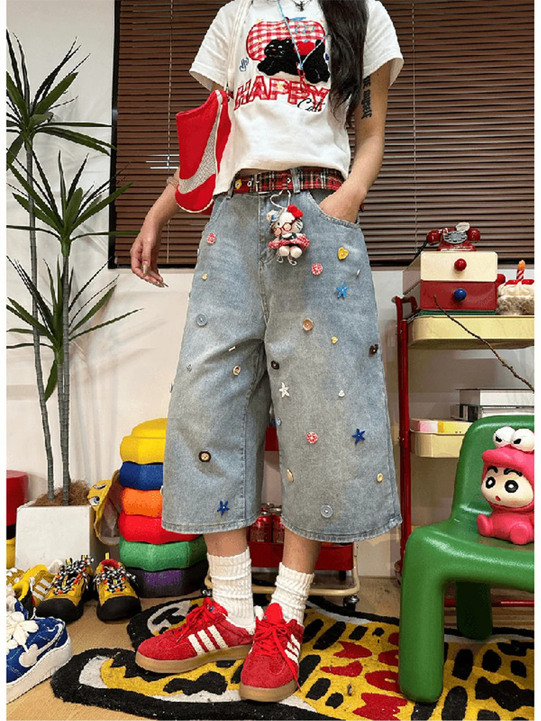 

High Waist Wide Leg Jeans Short Pants Women's Slim Fit Seven Button Light Blue Denim Shorts Summer New Style American Style