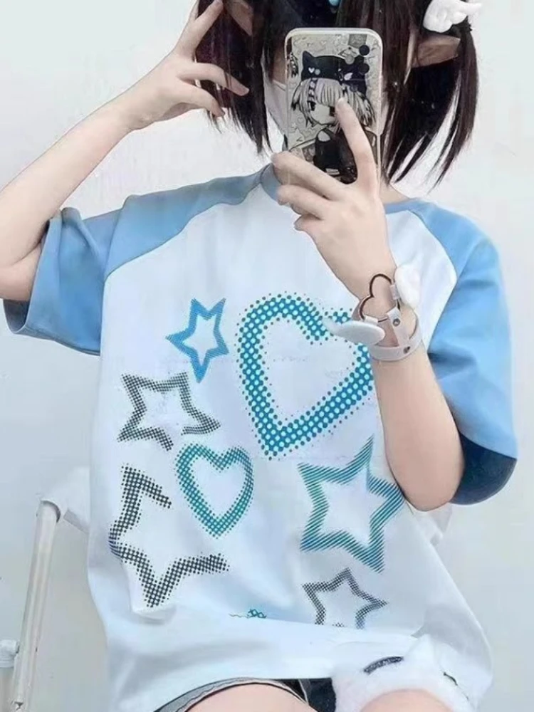 Summer Japanese Y2k Aesthetic Heart Print T-shirt Preppy Loose Chic Sweet Tshirts Women Student Kawaii Fairy Harajuku Tee Shirts