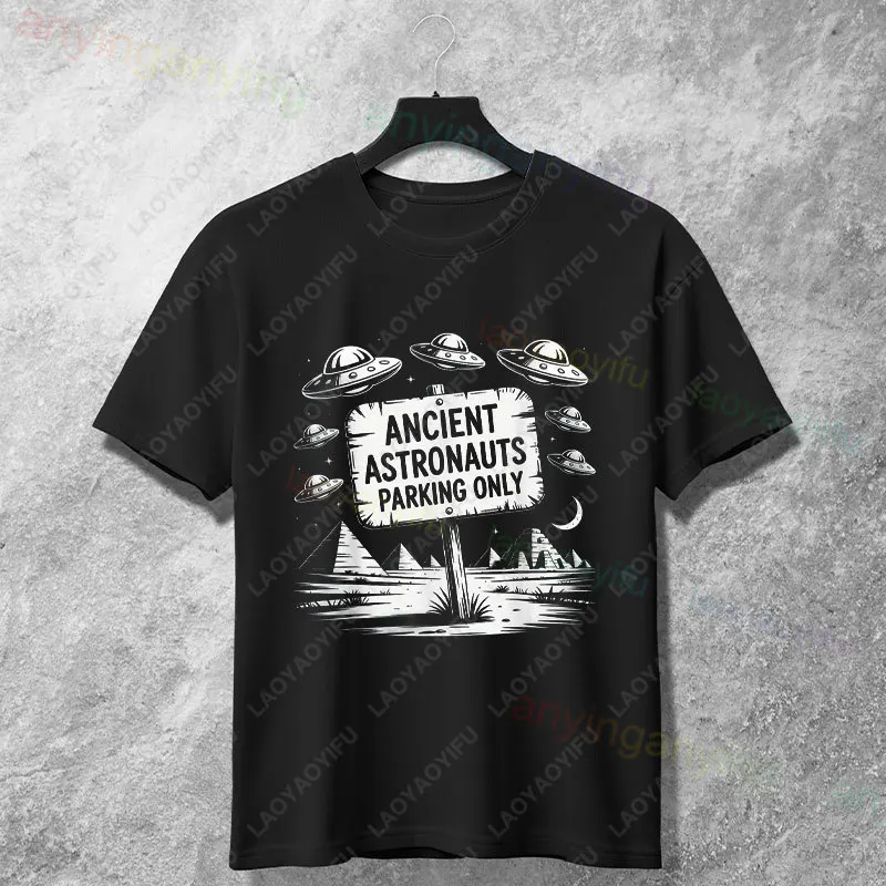 Funny Ancient Astronauts Parking Only Graphic T-shirt Casual Humor Style Short Sleeve 100% Cotton Tshirt Perfect for Sports Wear