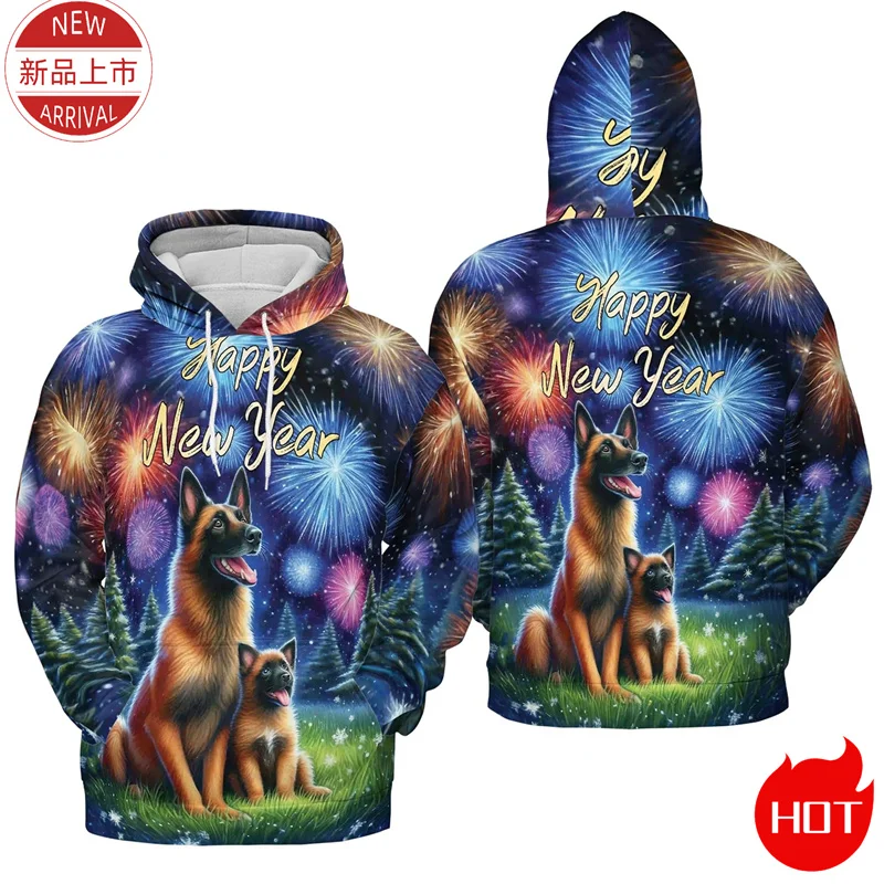 3D Print 2025 Happy New Year Hoodies Firework Cute Pull Terrier Corgi Graphic Hooded Hoody Fashion Streetwear Mens Clothing Tops