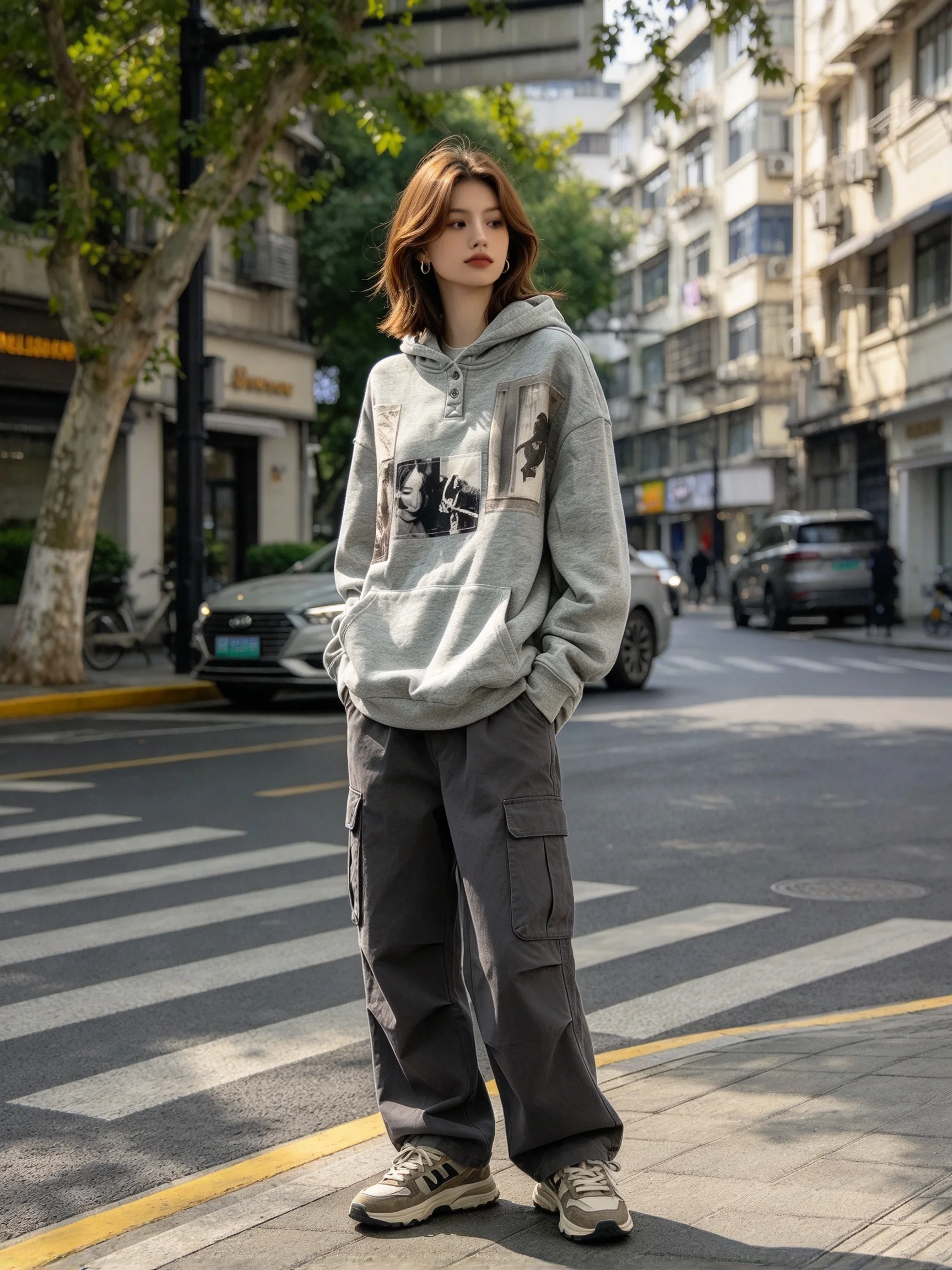 Grey Henley Button Hoodie Vintage Raw Edge Photo Patch Portrait Print Oversized Hooded Sweatshirt Unisex