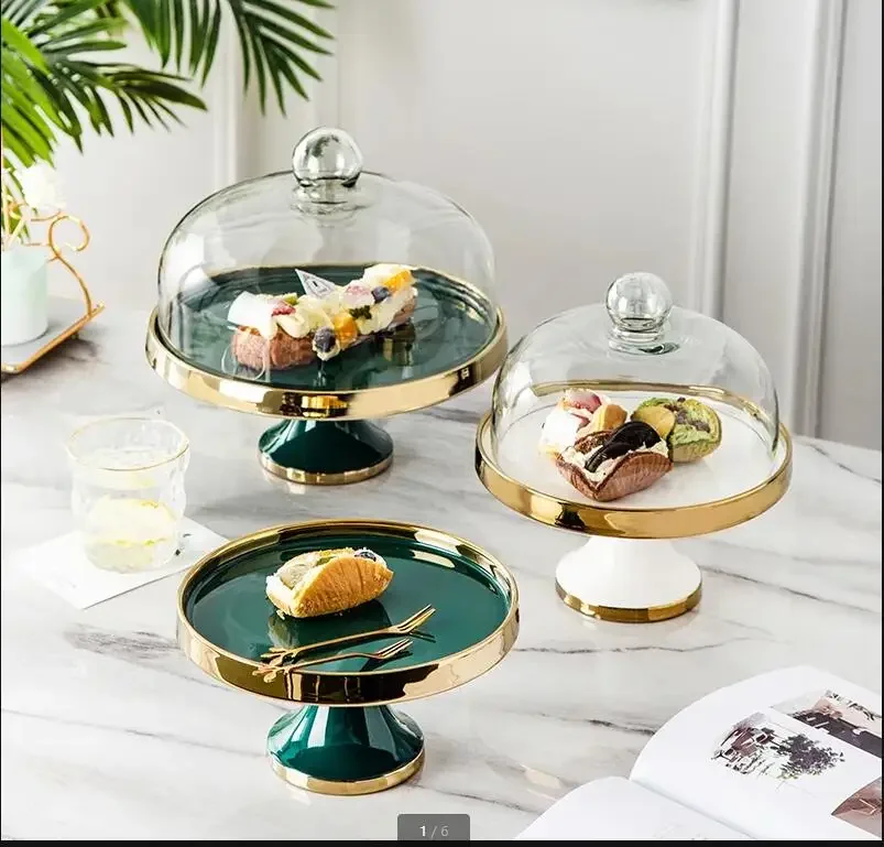 

Ceramic Dessert Table Cake Plate with Glass Lid Hotel Restaurant High Foot Fruit Plate Decoration Tasting Plate Home Tableware