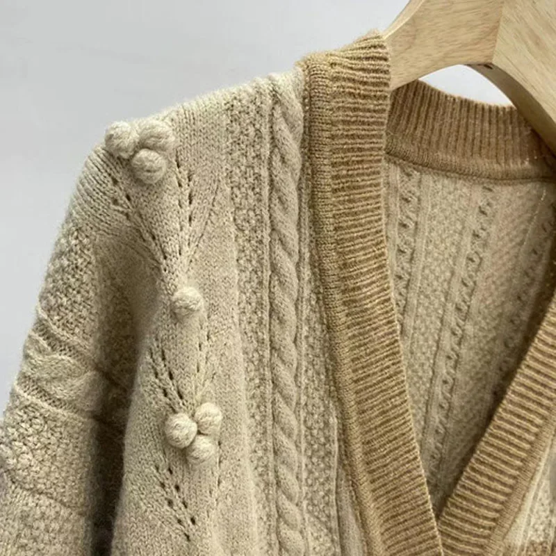 

Office Lady Knitted Long Sleeve Cardigan Sweaters Women Vintage Loose Embroidery Sweaters Coat Casual Twist Pattern Cardigans