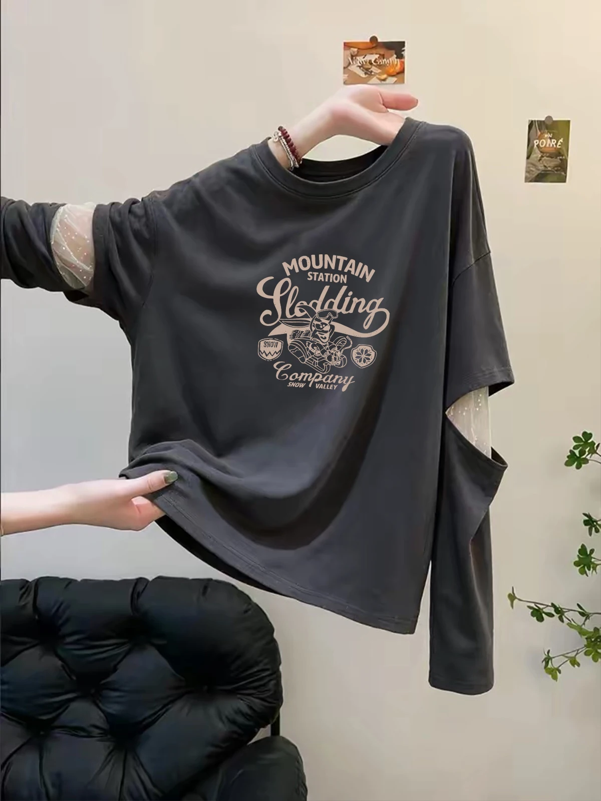 High-End Women's Long Sleeve T-Shirt Mesh Splicing Fake Two-Piece Autumn Fashion Versatile Beautiful Top Relaxing Style Creat...