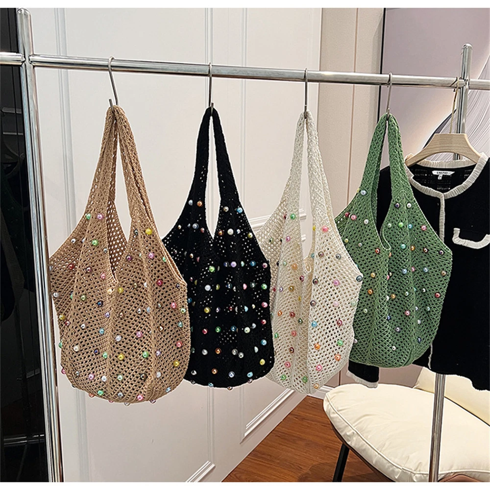Summer Knitted Women Tote Bag bolsos Handmade Hollow Out Colour Pearl Shopper Bag Large Capacity Portable Single Shoulder Bags