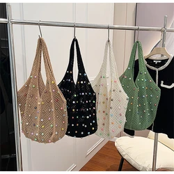 Summer Knitted Women Tote Bag bolsos Handmade Hollow Out Colour Pearl Shopper Bag  Large Capacity Portable Single Shoulder Bags