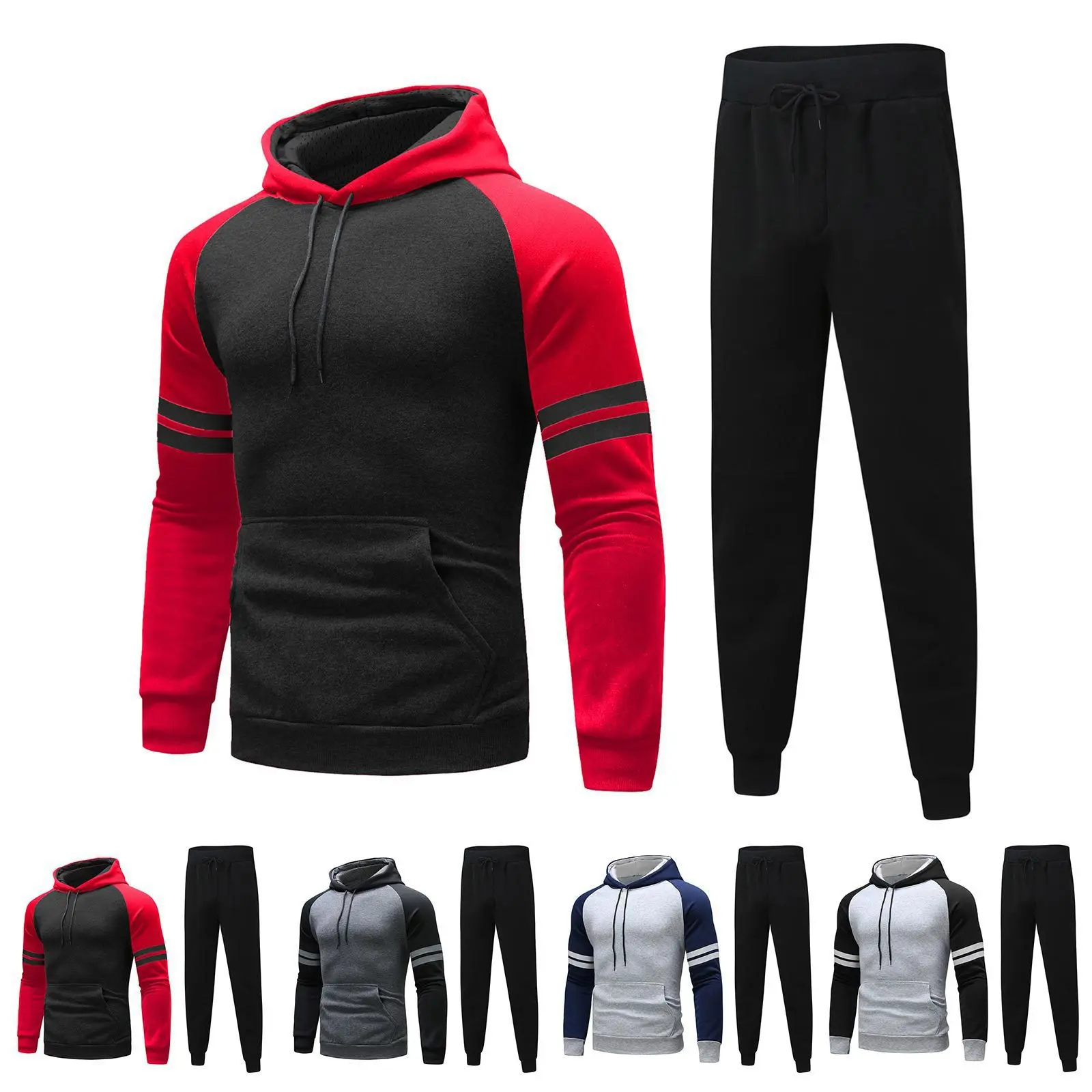 

26 Autumn/Winter New Cross-border Set: Men's Hooded Raglan Sleeve Patchwork Sweater and Fashionable Sports Pants Two-piece Set