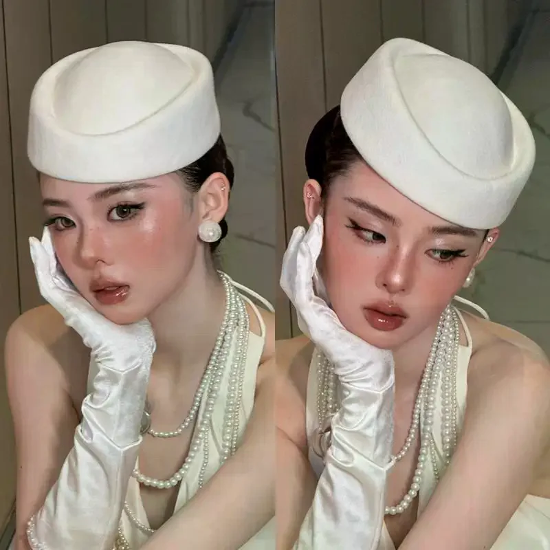 قبعة قبعات قبعات مضيفة طيران مضيفات طيران قبعة عتيقة سوداء مسطحة قبعة مشبك شعر إكسسوارات الشعر