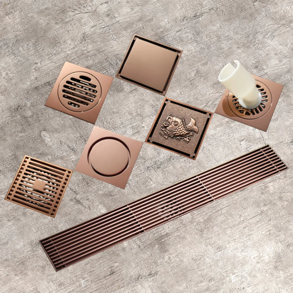 Brushed Rose Gold Invisible Long Linear Floor Drain,Anti‑Odor With Flange,Tile Insert North American Style Terrace Balcony Drain