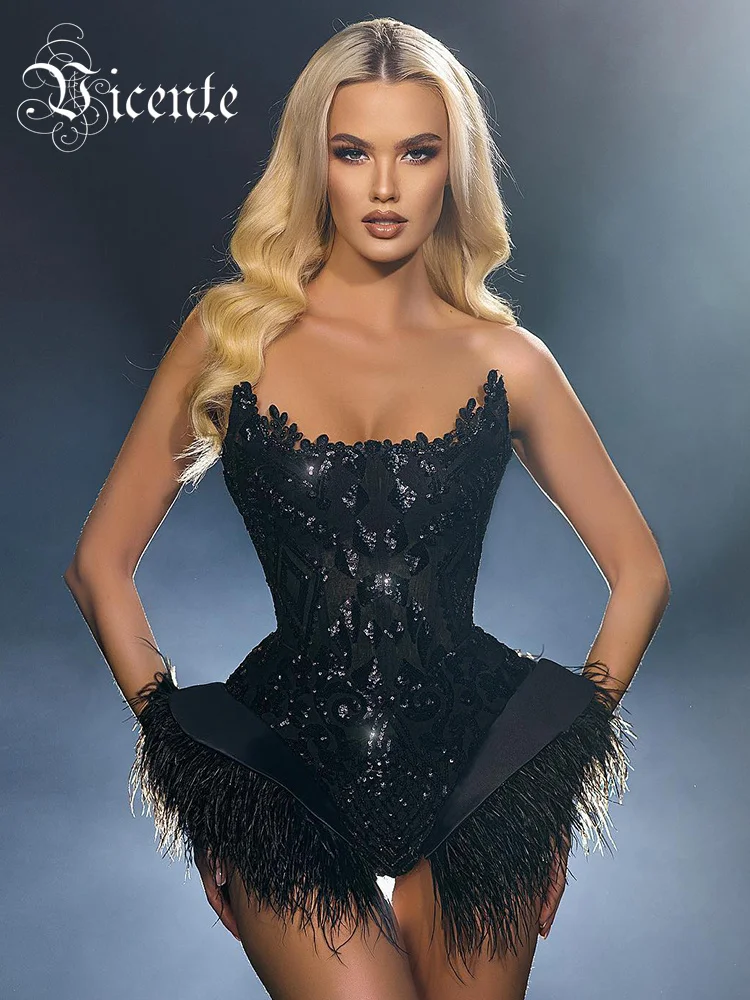 VC Black Sequins Bodysuit Women Sexy Strapless Feather Decoration One-Piece Female Clothing For Stage Performance