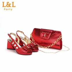 2024 High Quality Peep Toe Fishscale Design Shoes Matching Bag Set in Red Color For Nigerian Women Wedding Party