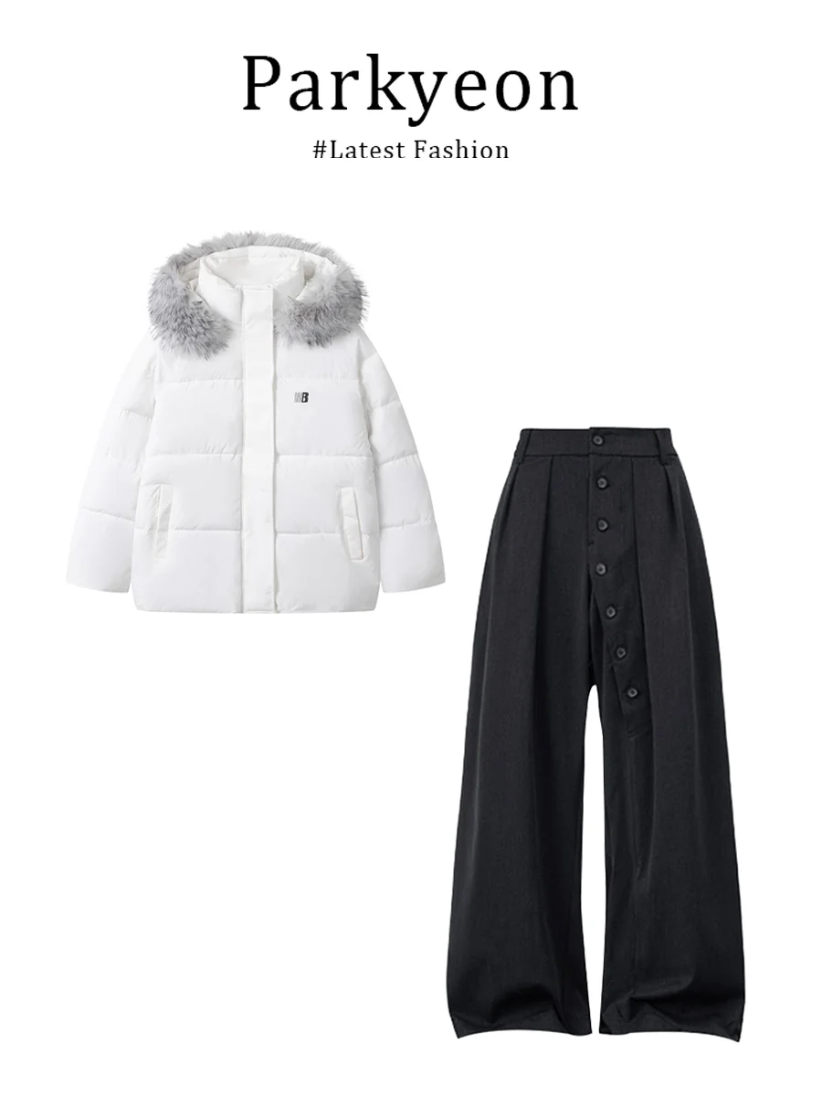 

Fluffy Fur Collar Hooded Cotton Jacket Women's Winter Fashion Set Loose Wide Leg Pants Warm Casual Style Zipper Closure