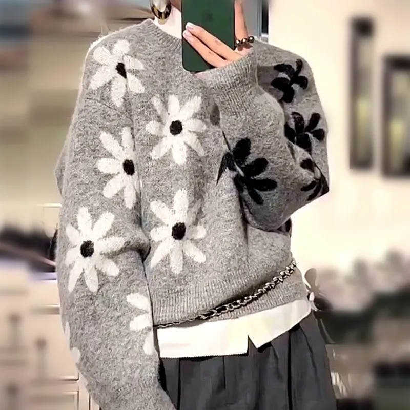 

Шикарный осенне-зимний женский свитер, джемпер, пуловер, повседневный топ с цветочным принтом и круглым вырезом, серый контрастный элегантный женский красивый свитер NZ290