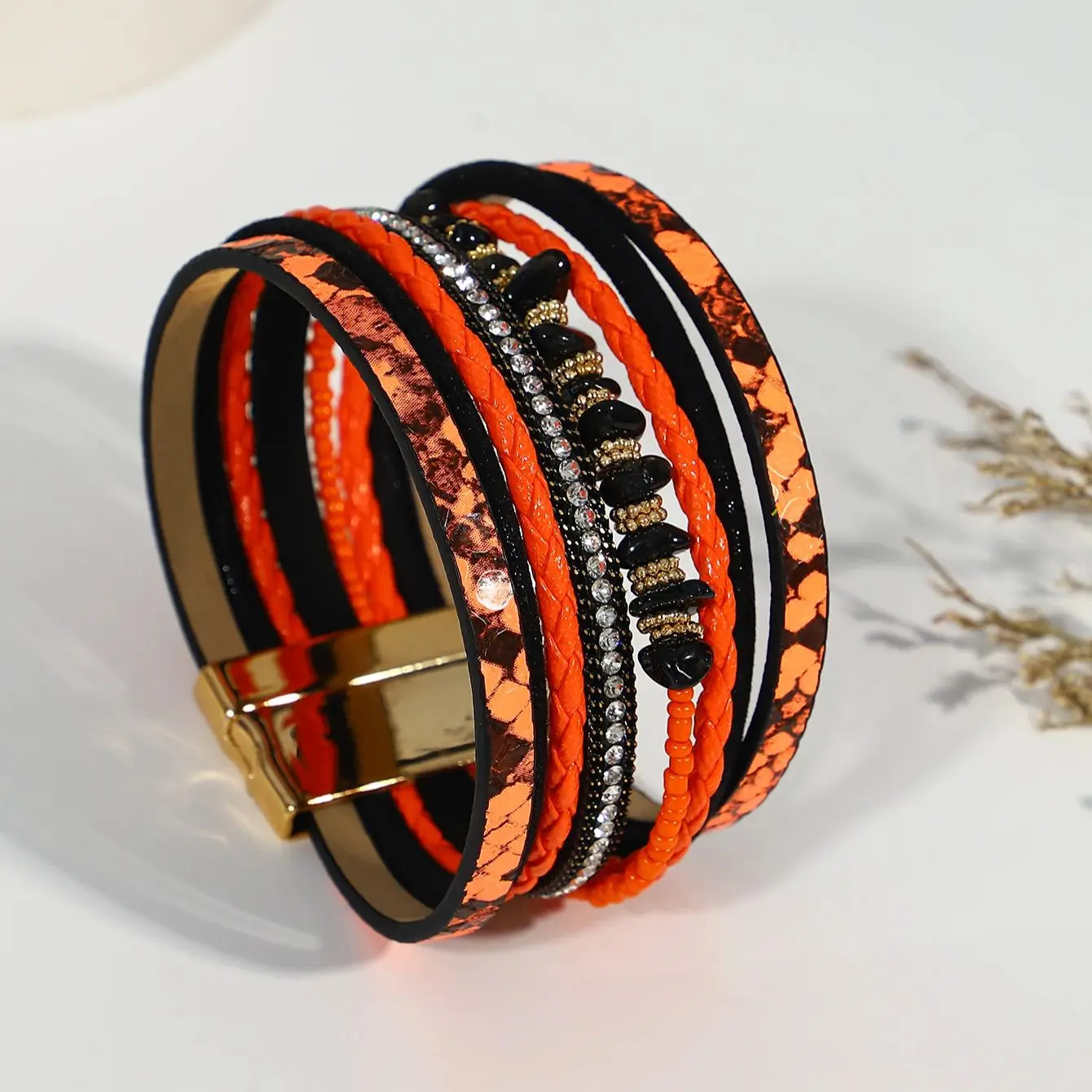 

Amorcome Black Stones Charm Bracelet for Women Snake Skin Leopard Print Leather Bracelets Multilayer Jewelry Gifts