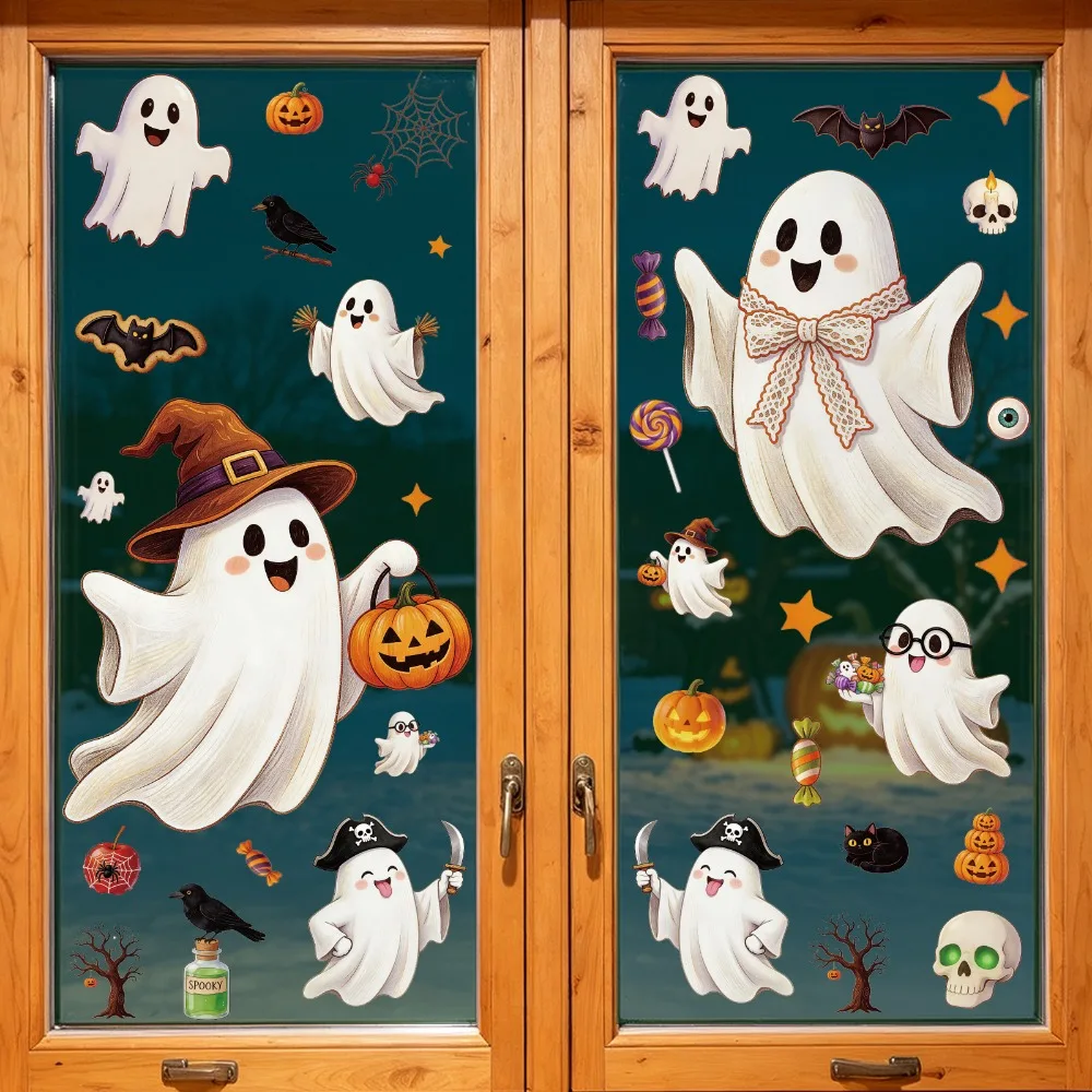 Halloween Window Stickers Cute Ghost Pumpkin Bat Glass Decals Removable Static Cling Sticker Holiday Party Home Decor Stickers