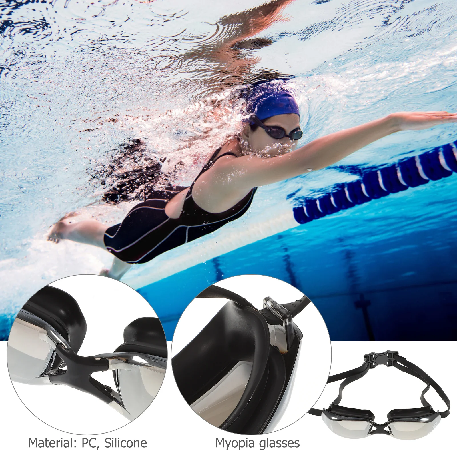 

1Pair Myopia Swimming Goggles Electroplated Anti-Fog Waterproof Swim Glasses Large Frame Adjustable Non-Slip for Men Women