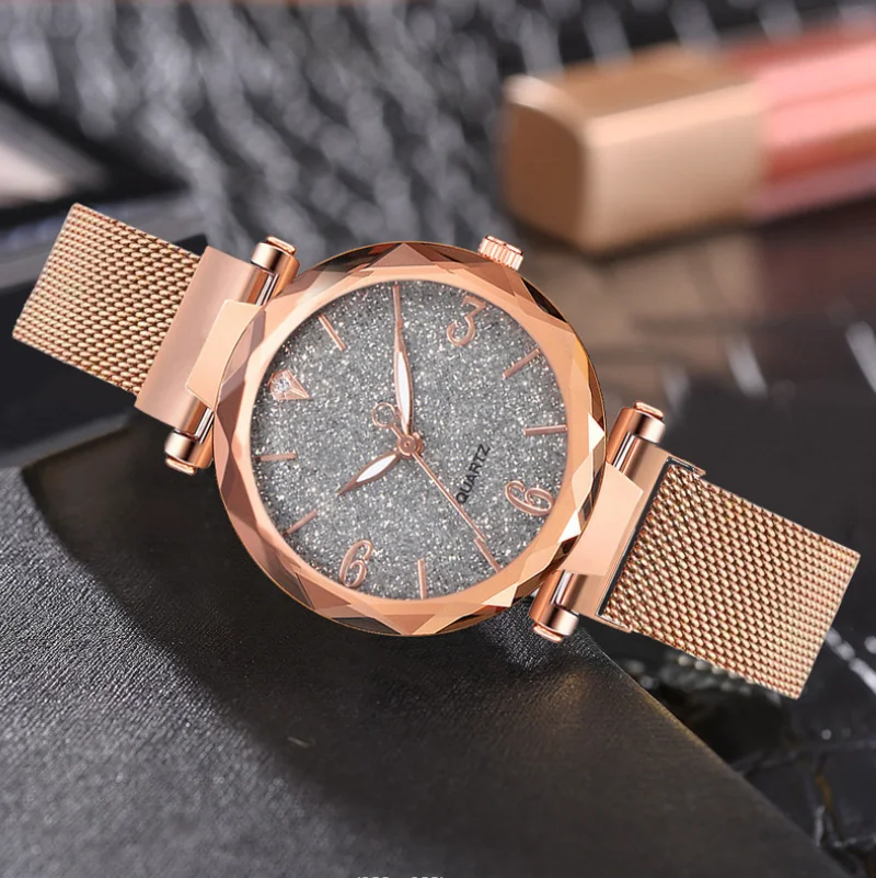 Hot Sales Women Watch 2022 Mesh Steel Ladies Quartz Wristwatch Rose Gold Starry Sky Rhinestone Watches Woman Female Gift Clock