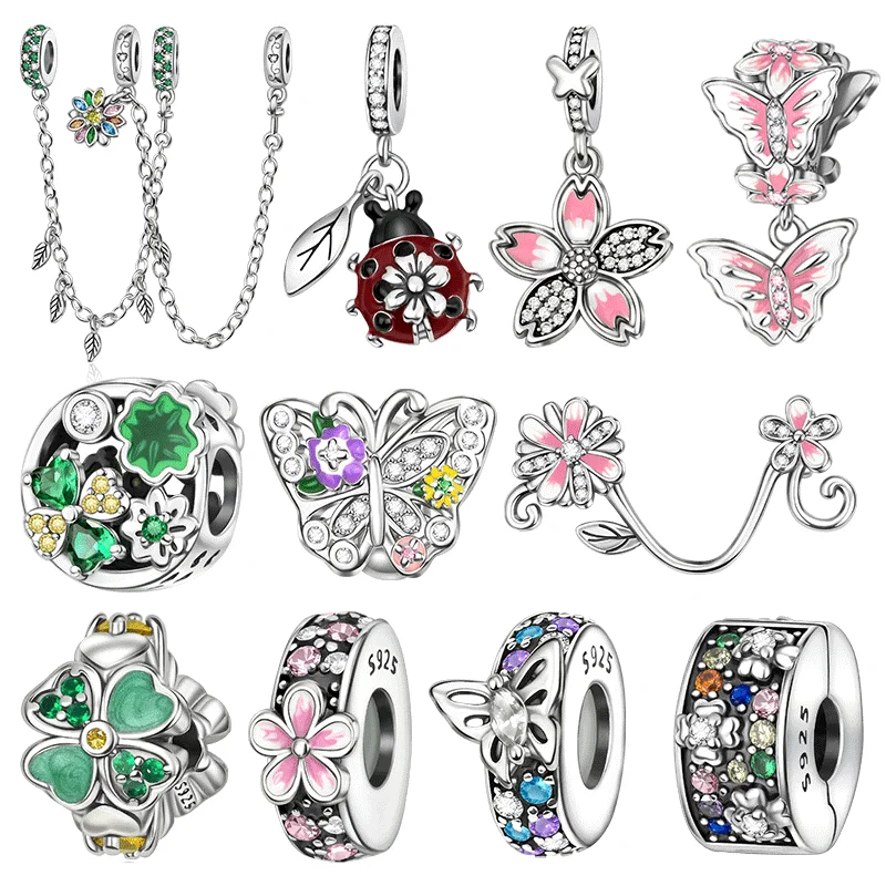 

925 Sterling Silver Plants Flowers Charms Clover Insects Butterfly Bead Pendant Fit Original Bracelet Necklace Jewelry Gift