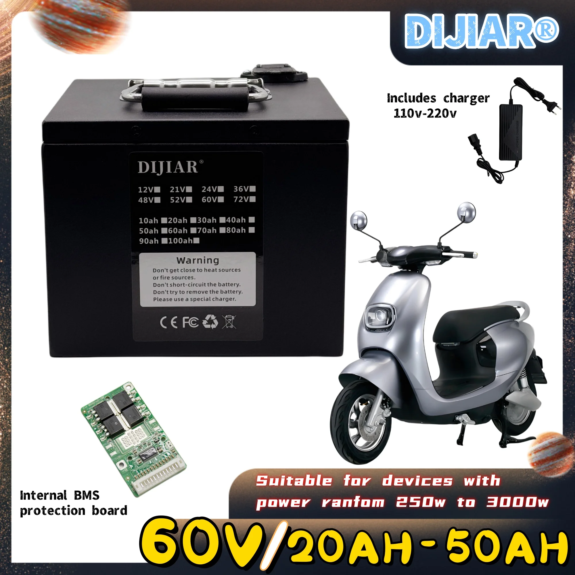

Air fast transportation，60V50AH，Full capacity，Send within 24 hours，New 18650 lithium battery，Suitable for motors under 3000W