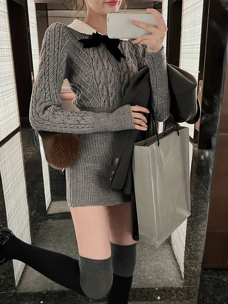 2022 Autumn Knitted 2 Piece Dress Set Women Sexy Bodycon Mini Skirt + Long Sleeve Short Sweater Female Retro Casual Korean Suit