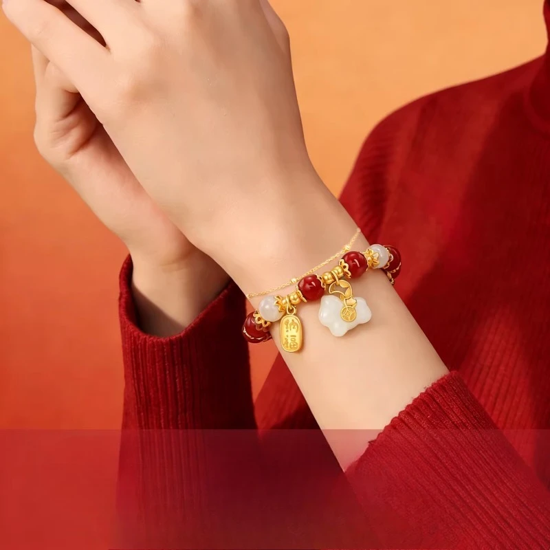 Chinese Style Auspicious Cinnabar Hetian Jade Bracelet For Women 925 Sterling Silver Year Of The Horse Lucky Fortune Blessing