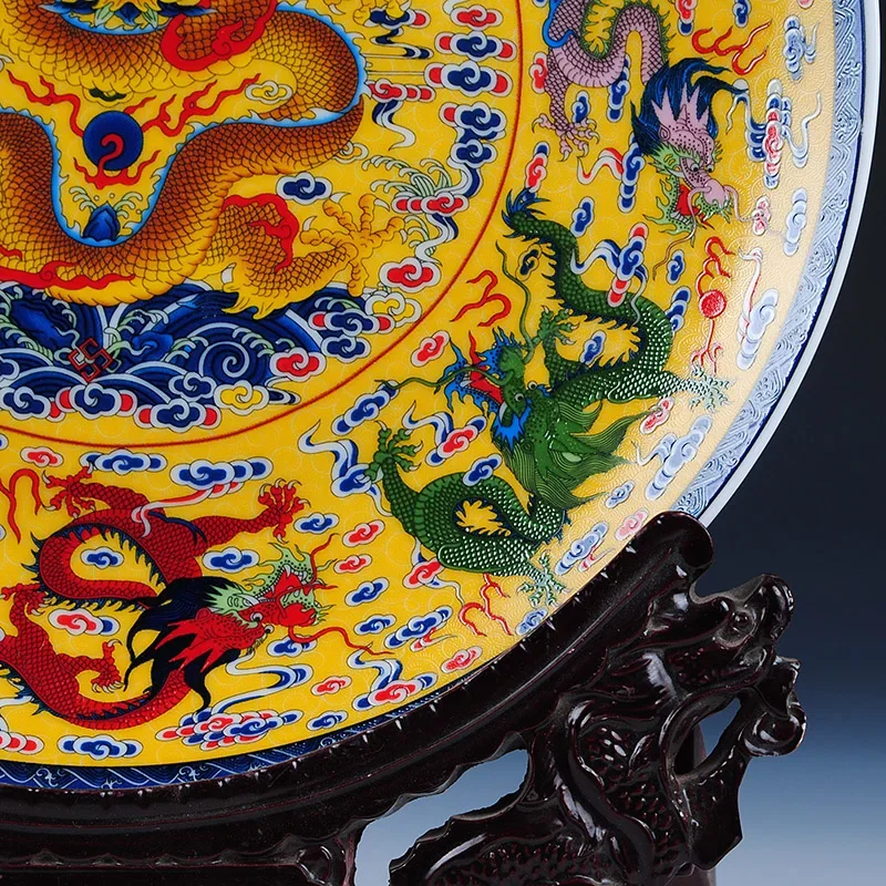 Ceramic Belief Art Ornamental Plate Ancient China Nine Dragons Decoration Wood Base Porcelain Traditional Chinese Plate Set