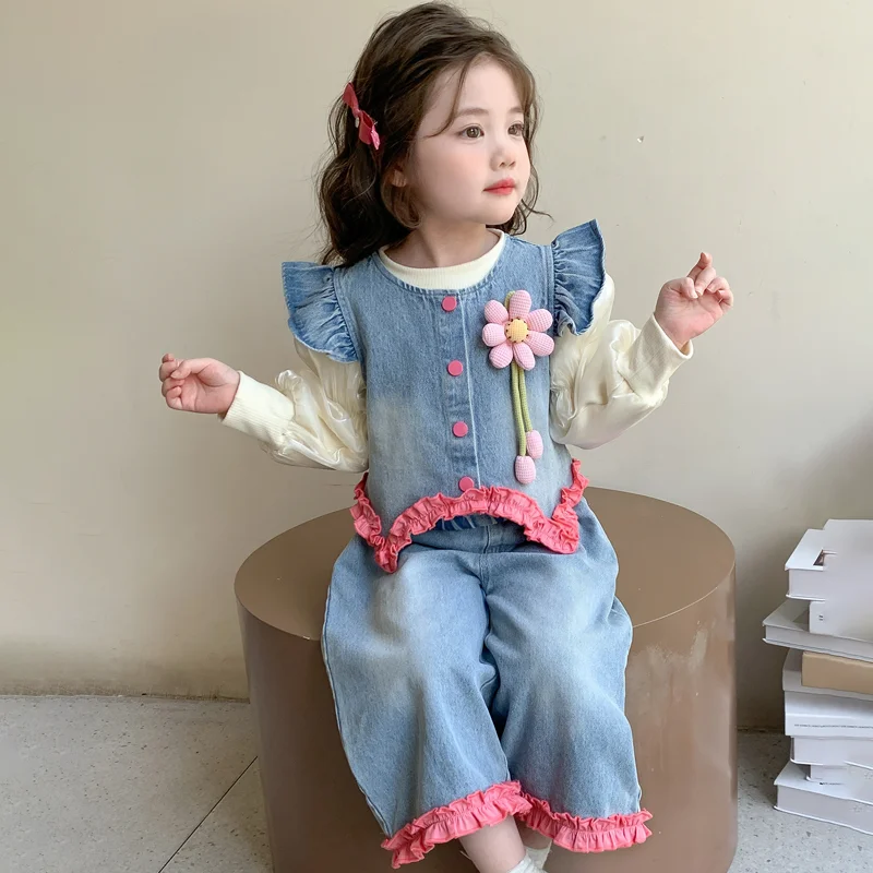 Girl Cowboy Three-Piece Set T-Shirt Vest Pants Spring Autumn Straight-Leg Pants Lace Tops Child Kawaii Fashion Casual Clothing