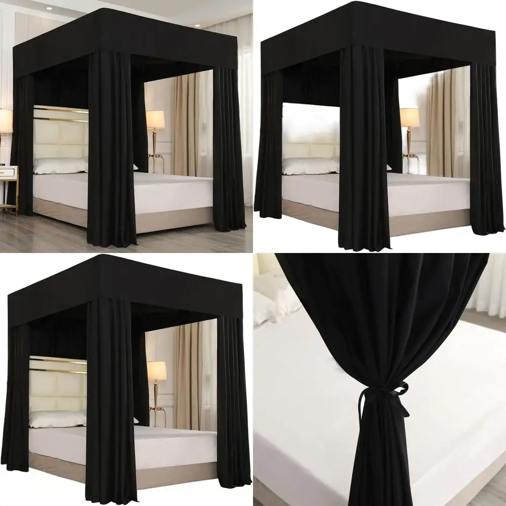 

King Size Black Sheer Canopy Curtains for Four Corner Post Beds, Lightproof Bedroom Decor, Poles Not Included