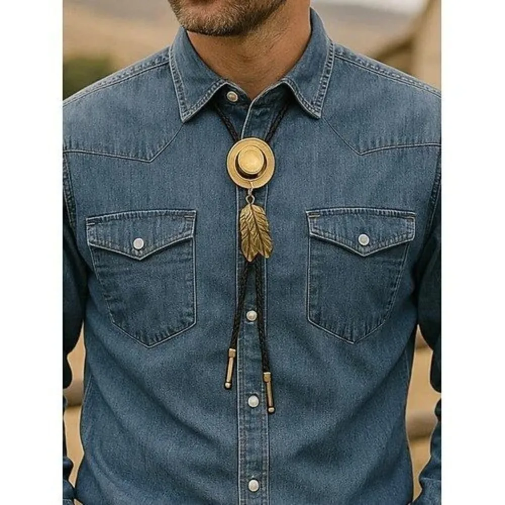 Vintage Artistic Bolo Tie Necklace Antique Silver Turquoise Inlaid Retro Tie Necklace Round Disc Personality