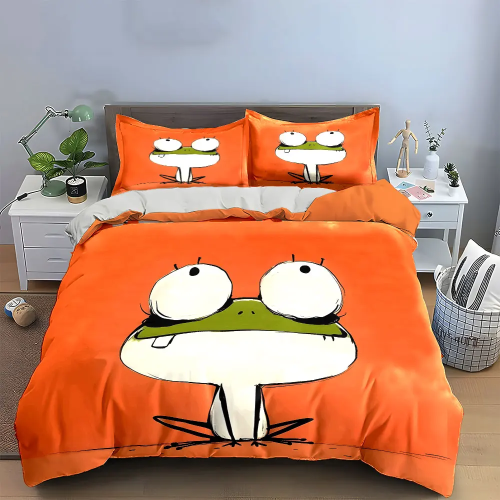Cartoon Frog Art Set Decoration Bedding Set with 1 Duvet Cover 2 Pillowcases Single Double King Queen, Gift