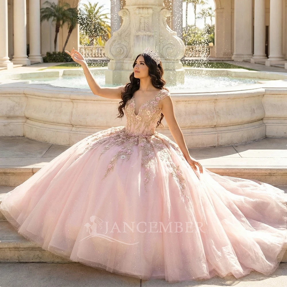 Flash Sale V-neck Pink Quinceanera Dresses for Girls Rhinestones Tank Quinceanera Customized Court Train vestidos de 15 años
