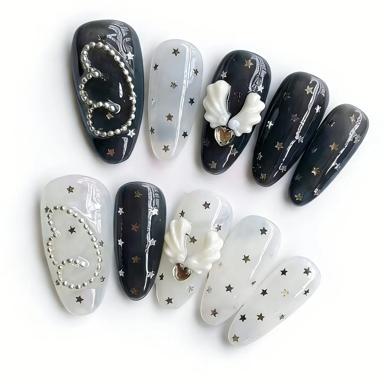 10 Pieces of Hand Pressed Almond Shaped Nails, Beautiful Fake Nails, Black and White Star Wing Notes, Suitable for Women to Use